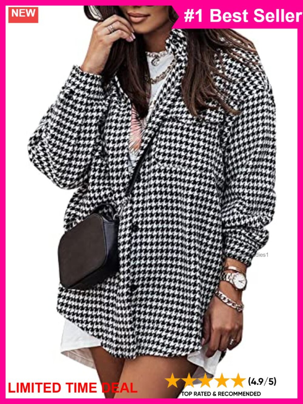 Houndstooth Plaid Shacket Women Casual Fall Coat Button Loose Fit Jacket